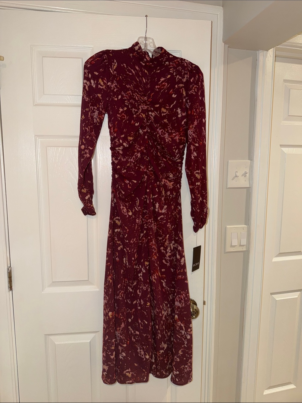 BCBG Burgundy & Cream Long Sleeve Floral Midi Dress